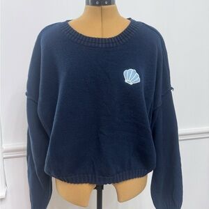 Navy Blue Crop Sweater with Shell Embroidery